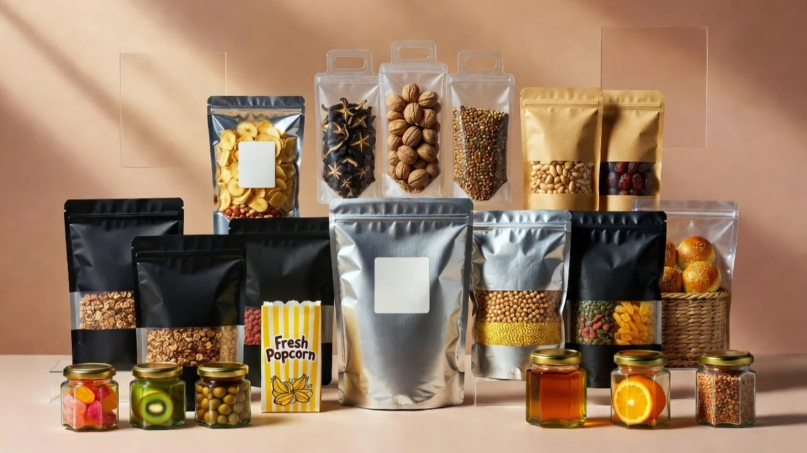 Pouches, jars and cartons of snacks, nuts, cereals and dried fruit arranged together