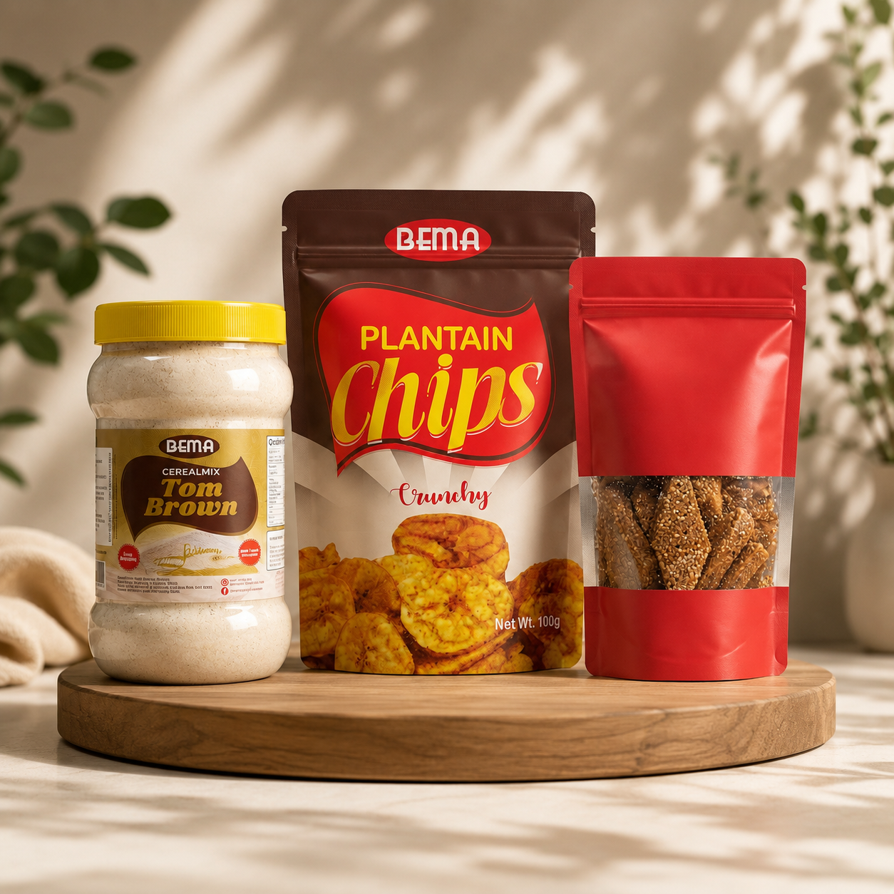 A jar of Tom Brown cereal blend, a pouch of plantain chips and a red window pouch of snacks on a wooden board