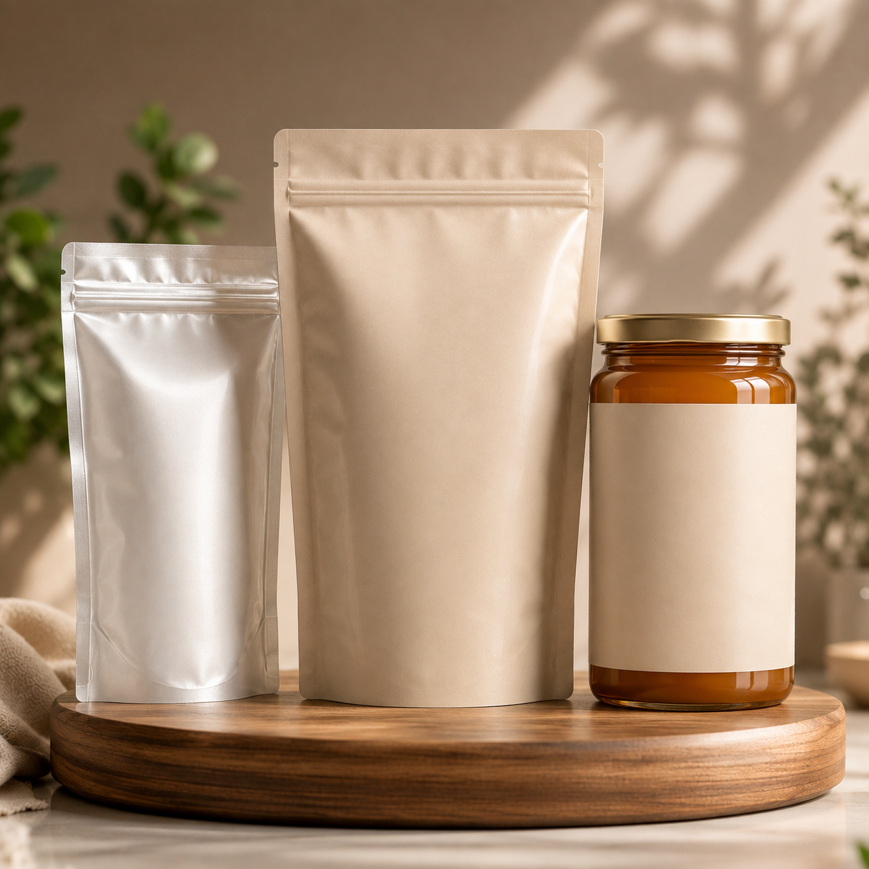 A silver stand-up pouch, a kraft paper pouch and a glass jar with a gold lid on a wooden board